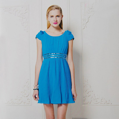 樱子亮金2014夏装新款女装短袖连衣裙子专柜圆领雪纺裙