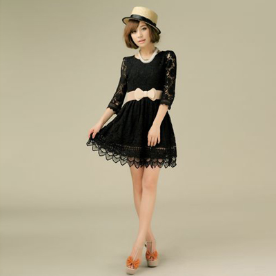 红雨竹蕾丝收腰系腰带连衣裙