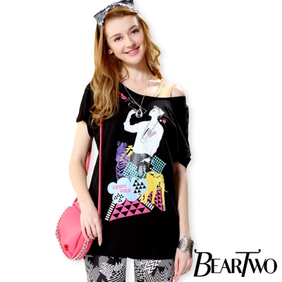 Bear Two图案拼贴小性感露背露肩上衣(共三色)