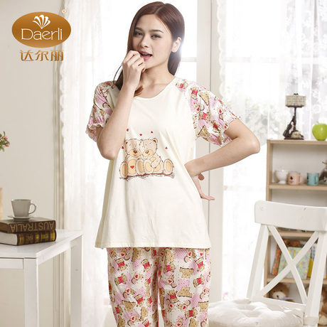达尔丽2014新品女士睡衣夏装短袖100%纯棉甜美小熊套头休闲家居服