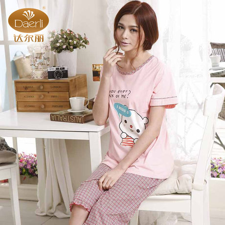 达尔丽纯棉可爱卡通图案圆领短袖上衣格子裤女睡衣套装