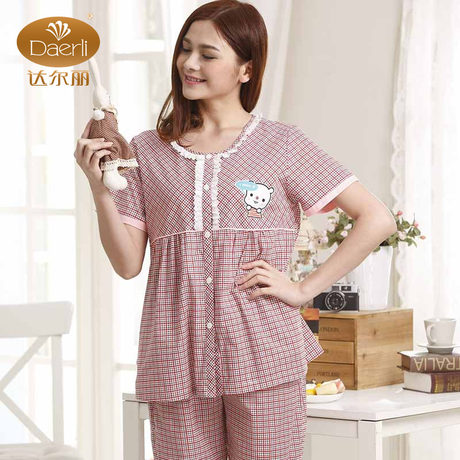 达尔丽100%梭织纯棉胸前褶皱复古小圆领短袖细格女睡衣