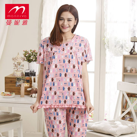 曼妮雅家居服睡衣春夏100%纯棉可爱卡通甜美时尚女睡衣套装