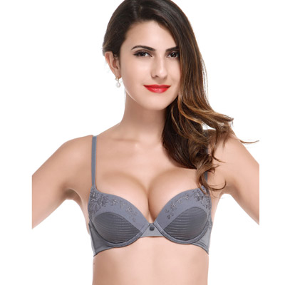 曼妮芬烟灰色拼接绣花3/4薄杯文胸