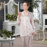 HOFO时尚真丝女士大码桑蚕丝紫色印花长袖睡衣套装丝绸衣裤两件套