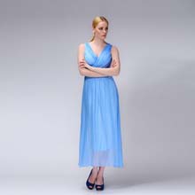天美丽2014春夏装宝蓝色纯色雪纺长裙连衣裙