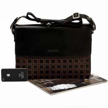 康罗兰 牛皮男士包包 格纹手提包斜挎包 商务真皮男包