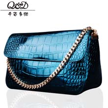 千姿多娜2014新款鳄鱼纹牛皮定型包欧美潮流真皮女包链条手提包