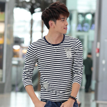 简尚潮酷 秋季韩版条纹简洁圆领男士修身休闲长袖T恤