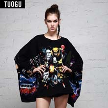 拓谷2014春秋新款女装时尚人物图街头摇滚嗨皮蝙蝠型休闲长袖T恤