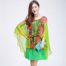 莱芙.艾迪儿2014夏装新款蝙蝠衫胖MM大码显瘦孔雀屏连衣裙