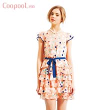 COOPOOL/珂珀 特价夏季几何图雪纺蛋糕层荷叶边连衣裙