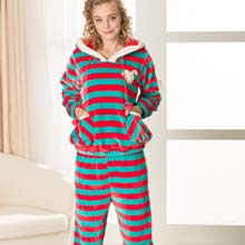 婵之云2013新品 厚款珊瑚绒睡衣个性条纹连帽家居服