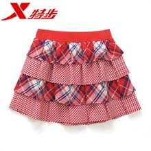 特步童装女童格纹拼接蛋糕裙纯棉短裙
