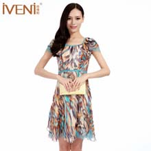 依维妮2014夏装新款韩版时尚修身蕾丝花边短袖圆领雪纺连衣裙