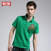 狼道正品wolfzone绿/粉色修身翻领字母印花图案短袖T恤