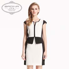 芭蒂娜2014夏新品欧美高端大牌撞色拼接修身雪纺连衣裙