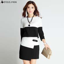伊薇瑞 2014秋装新款韩版时尚撞色拼接外套 OL气质半身裙两件套装