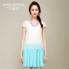 艾莲达2014夏装韩版ol气质修身蕾丝短袖百褶连衣裙