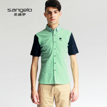 圣捷罗男夏款绿色条纹拼接衬衫