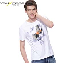 有性格新款半截袖印花钉珠小清新潮男装圆领白色纯棉短袖男t恤