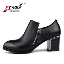 红贝欧秋天2014女式鞋子单鞋中跟粗跟深口单鞋