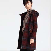 ZUKKAPRO卓卡正品女装撞色格子连帽羊毛呢外套大衣