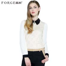 FORGE/菲阁 2014春季新款女装修身韩版翻领女士蕾丝雪纺衫