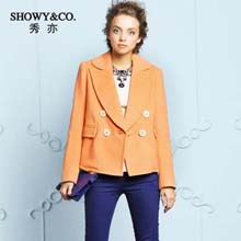 秀亦2014冬装新款宽松长袖西装领一粒扣纯色羊毛短外套