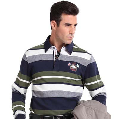 奥尼路丹精梳纯棉拼色条纹长袖衫