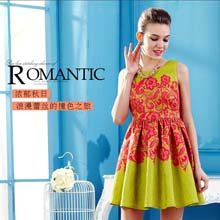 欧魅赛尔正品2014秋装新款欧美红色蕾丝印花无袖连衣伞裙