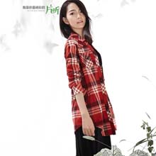 片断2014秋装新款纯棉磨毛中长款格子衬衫