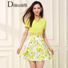 DITTO迪图 夏季优雅拼接ol中腰碎花圆泡泡袖领短袖连衣裙