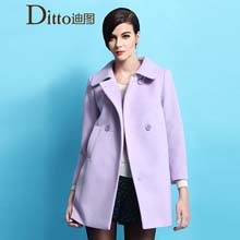 DITTO迪图2014冬季新品双排扣宽松中长款呢大衣欧美毛呢外套