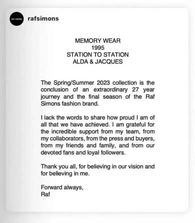 Prada联合创意总监Raf Simons宣布关闭个人品牌