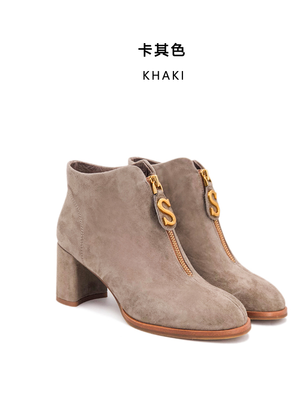 依迪夫人2019新款真皮薄绒拉链羊筋皮粗跟短靴