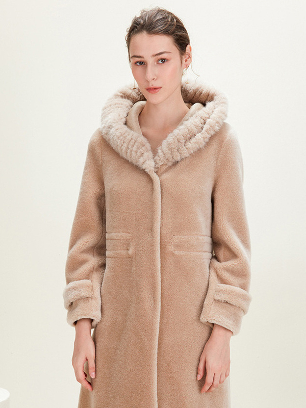 欧柏兰奴2019冬季新品羊绒连帽中长款毛呢大衣