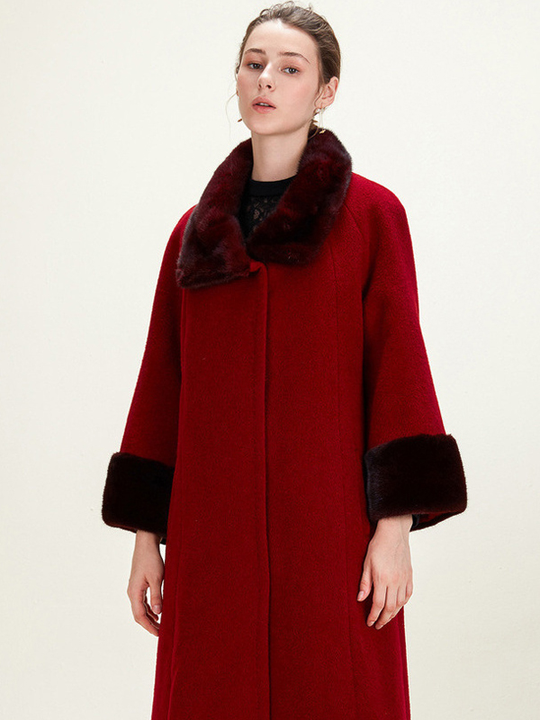 欧柏兰奴2019年秋冬新款酒红色加厚毛呢外套