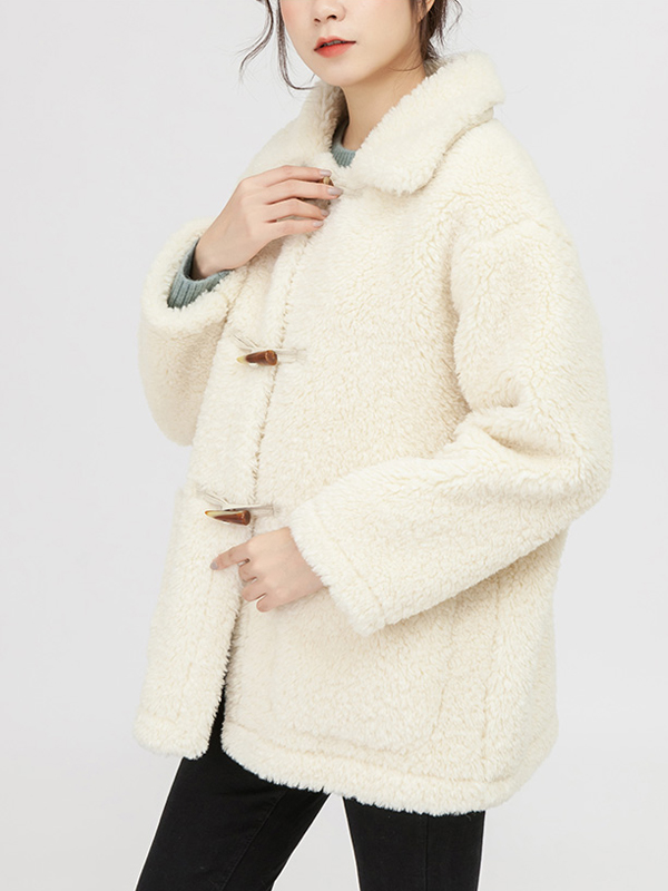 雅柔女装2019冬装日系冬季牛角扣羊羔毛外套