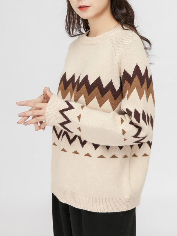 雅柔2019新款韩版套头提花学院风波浪纹针织衫