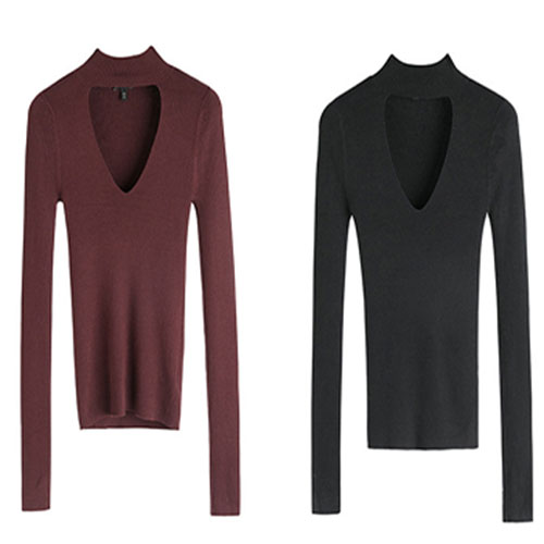 欧美大牌尾货高领螺纹镂空挂脖打底衫女长袖2018新款修身显胸上衣